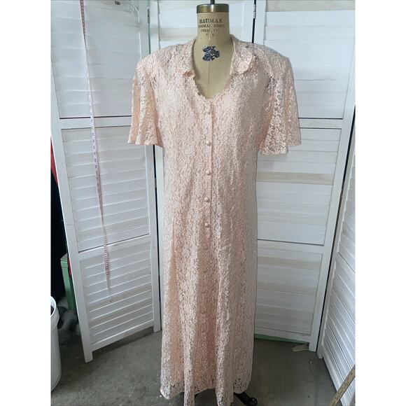 Vintage 80s Dawn Joy Fashions Ivory Nylon Lace Prairie Renew Wedding Dress 10 - Picture 1 of 12